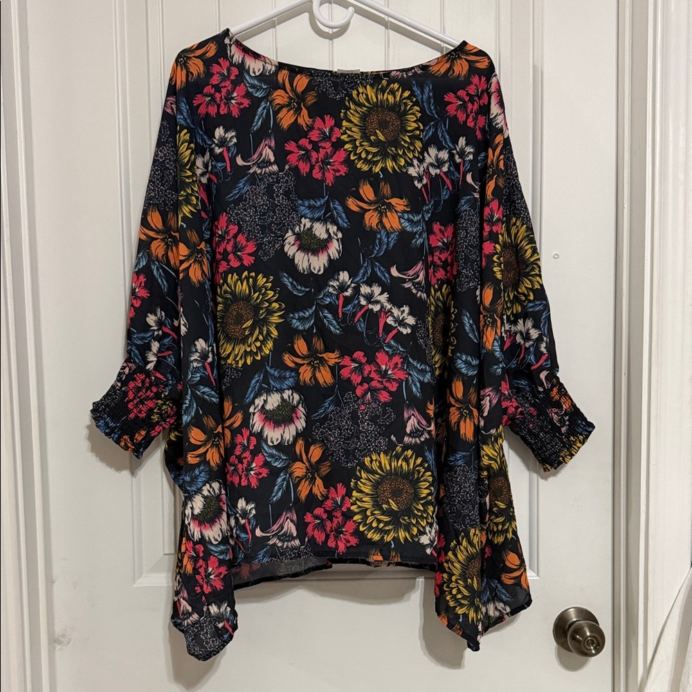 Black Floral Boatneck Tunic with Smocked Cuffs